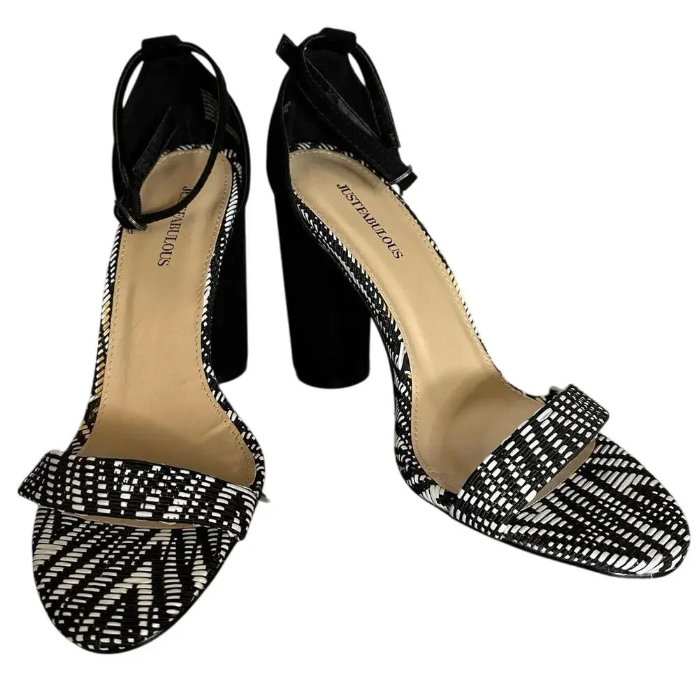JustFab Womens Black White Woven Block Heel Ankle Strap Sandals Open Toe 10 - Picture 2 of 12